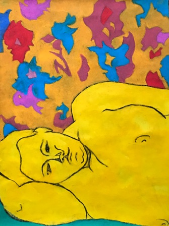 Ms Linda Reclines with Flowers; 
2019; watercolor charcoal oil pastel on paper, 24 x 18"